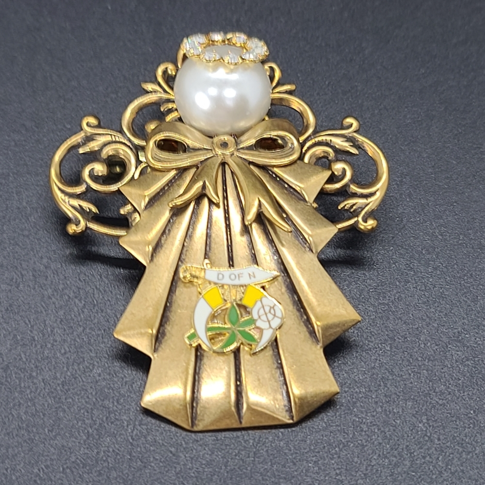 Shriners D of N Angel Brooch. Antiqued Gold Tone.